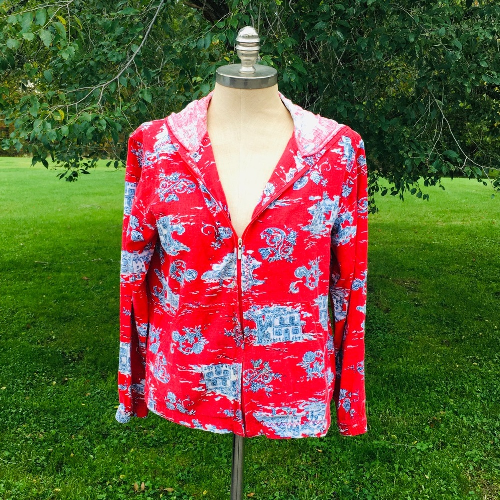 Vintage Red Linen Blend Hooded Full Zip Jacket Toile Pattern